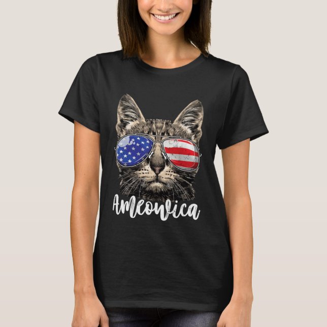 Ameowica Cat American Flag USA 4th of July Men Wom T Shirt (Framsida)