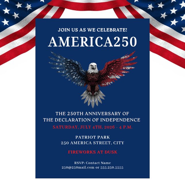 AMERICA250 FJÄRDE JULI-FIRANDE INBJUDNINGAR (AMERICA250 PARTY JULY 4TH CELEBRATION INVITATION)