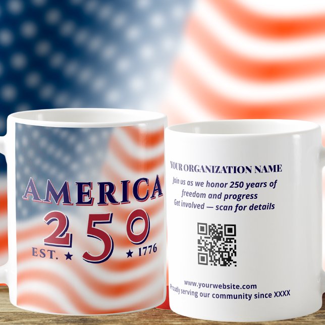 America 250 1776 2026 Custom QR Code Patriotic Kaffemugg (AMERICA 250 1776 2026 Custom Text & QR Code Patriotic Giveaway Commemorative Gift Coffee Mug)