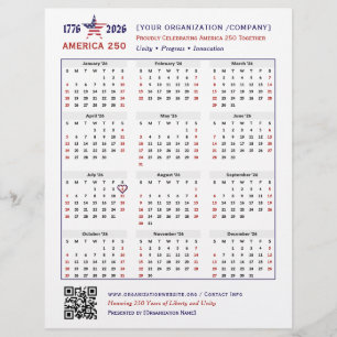 America 250 Patriotic 2026 Calendar Keepsaké Reklamblad