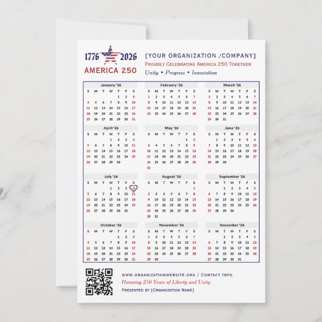 America 250 Patriotic 2026 Calendar Keepsakist Car (Framsida)