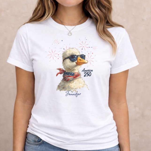 America 250 Patriotic Illustration T Shirt (patriotic women t-shirt with America 250 duck illustration and personalized name design)
