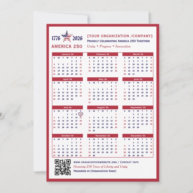 America 250 Patriotic Red 2026 Calendar Card (Framsida)