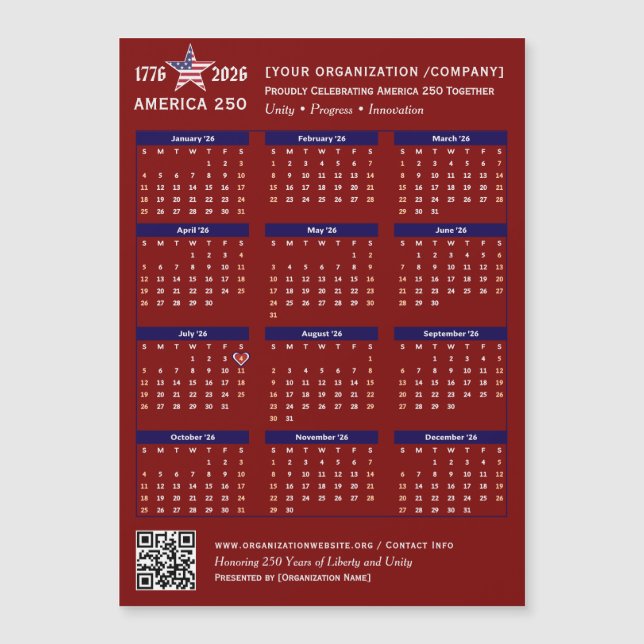America 250 Patriotic Red 2026 Calendar Keepsaké (Framsida)