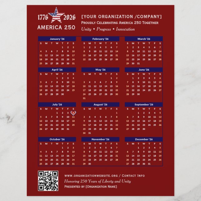 America 250 Patriotic Red 2026 Calendar Keepsaké Reklamblad (Framsidan)