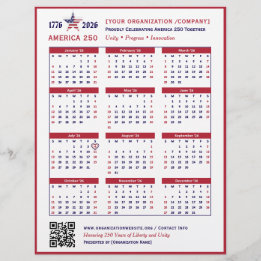 America 250 Patriotic Red 2026 Calendar Keepsaké Reklamblad