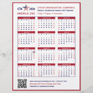 America 250 Patriotic Red 2026 Calendar Keepsaké Reklamblad