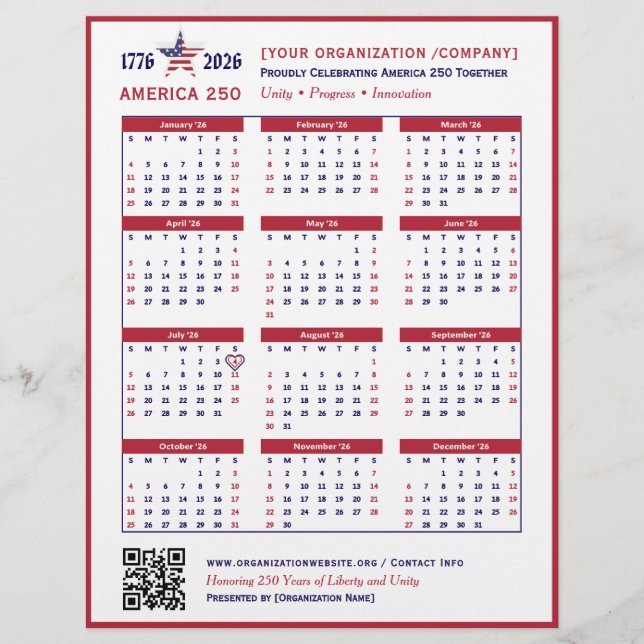 America 250 Patriotic Red 2026 Calendar Keepsaké Reklamblad (Framsidan)