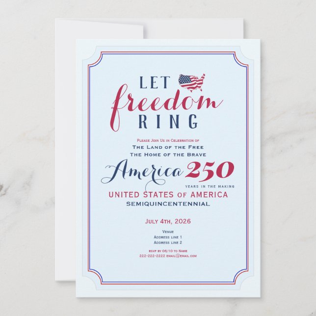 America 250 Years USA Anniversary Let Freedom Ring Inbjudningar (Framsida)
