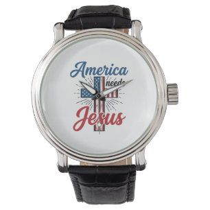 America Behöver Jesus Patriotisk Kors T-Shirt Desi Armbandsur