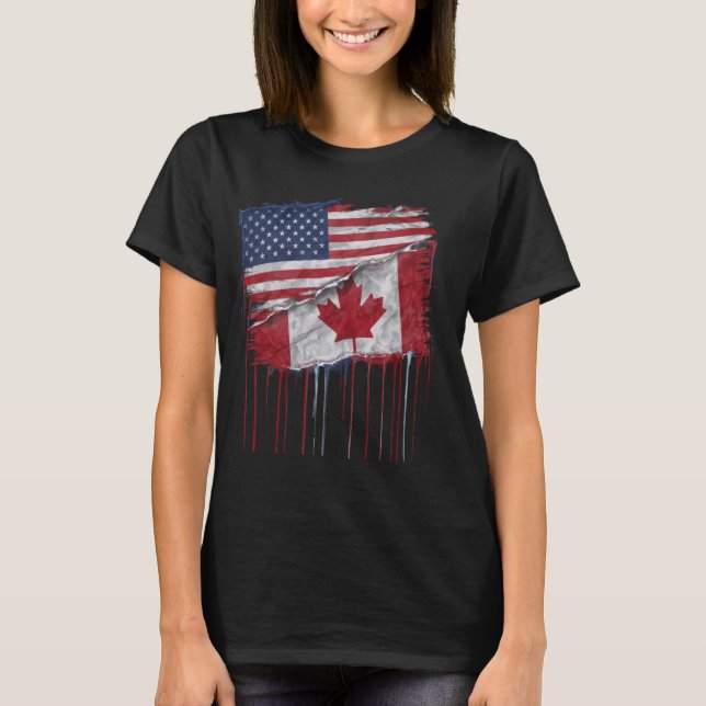 America Canada Flaggor, halv amerikansk halkanaden T Shirt (Framsida)