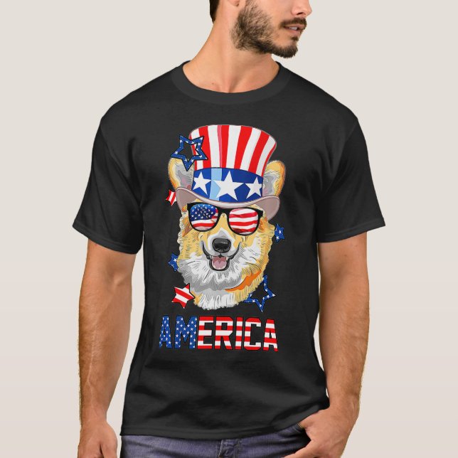 America Corgi Hund 4:e juli USA flagga Independenc T Shirt (Framsida)