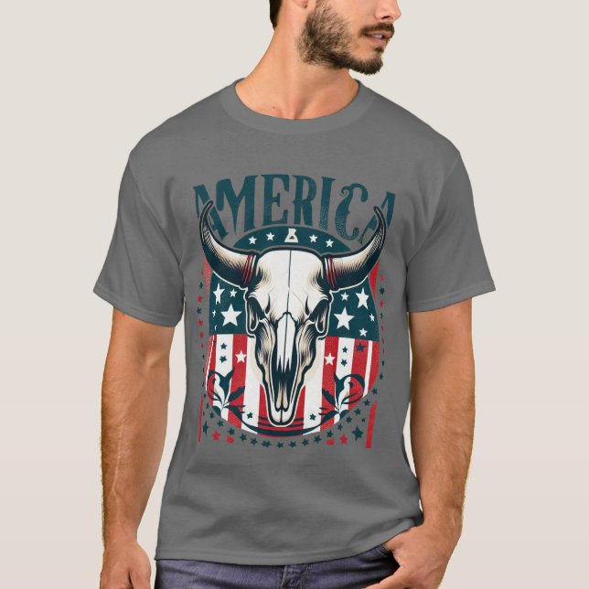 America Cow Skull 4:e juli-Flagga T Shirt (Framsida)