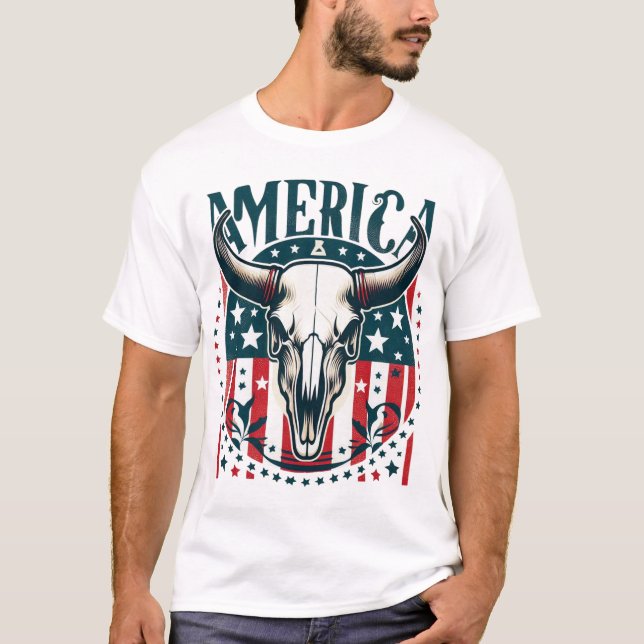 America Cow Skull 4:e juli-Flagga T Shirt (Framsida)