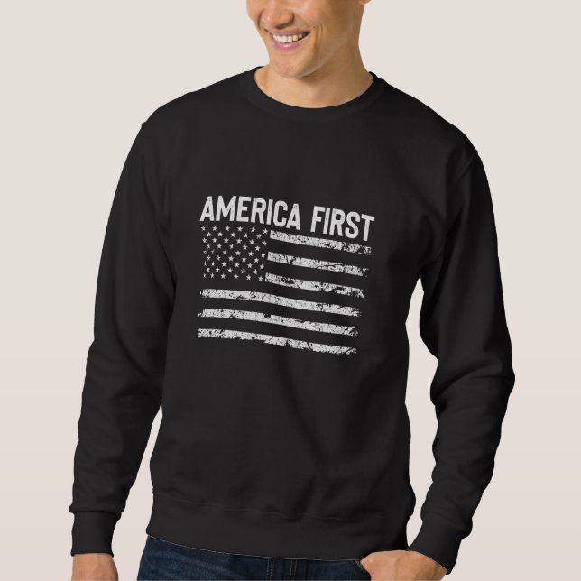 America First Black and white flagga Lång Ärmad Tröja (Framsida)