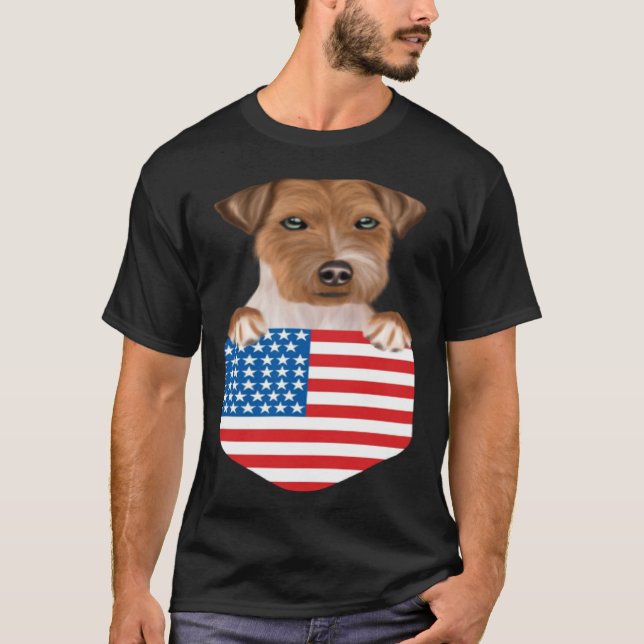 America Flag Russell Terrier Dog In Pocket T Shirt (Framsida)