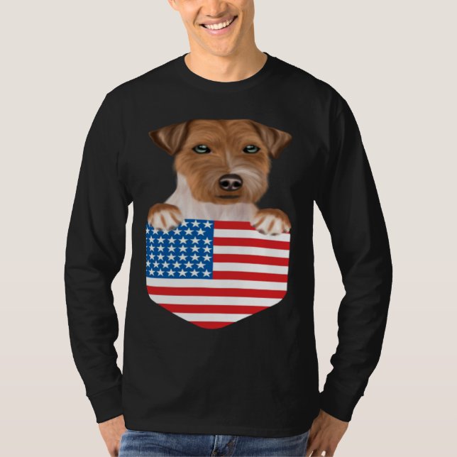 America Flag Russell Terrier Dog In Pocket T Shirt (Framsida)
