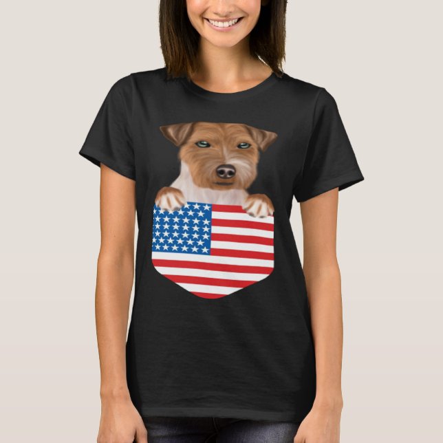 America Flag Russell Terrier Dog In Pocket T Shirt (Framsida)