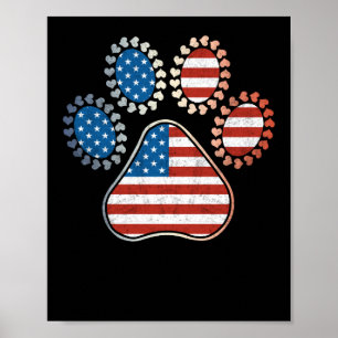 America Flagga Hund Patriot 4:e juli Paw Print Poster