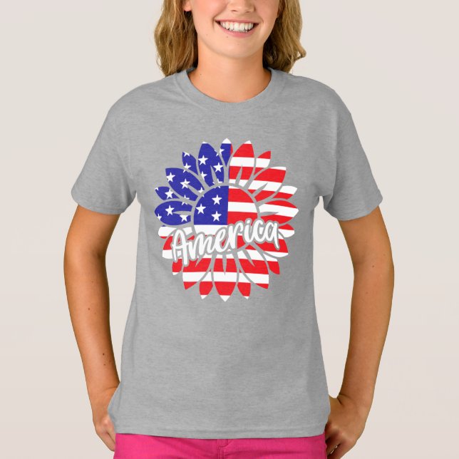 America Flagga Solrosdesign T Shirt (Framsida)
