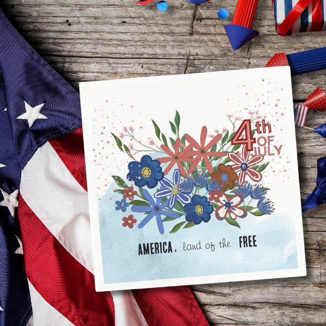 "America Land the Free" 4:e juli-Blommigten Pappersservett (America Land of the Free_ 4th of July Floral Napkins)