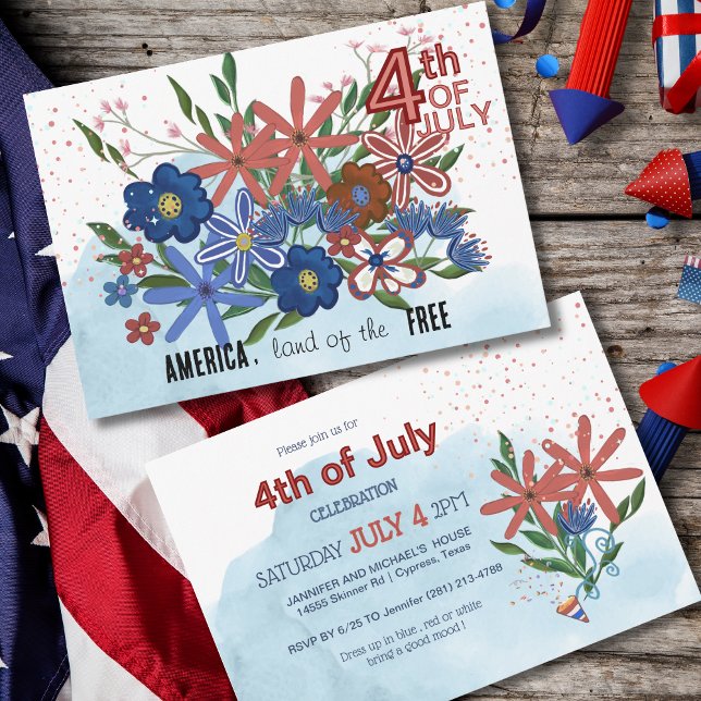 "America Land the Free" 4:e Julinbjudan Julkort (America Land of the Free_ 4th of July Floral Holiday Card)