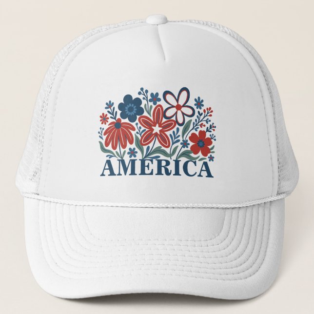 America Red, White och Blåa blommor Trucker Hat Keps (Framsida)