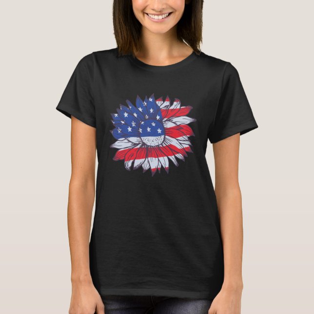 America Sunflower Flag 4th July American Patriotic T Shirt (Framsida)