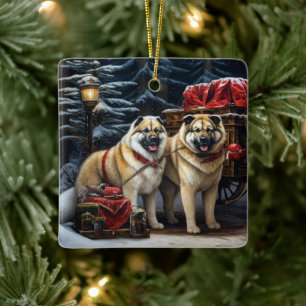 American Akita Snowy Sleigh Ride Juldekretet Julgransprydnad Keramik