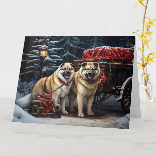 American Akita Snowy Sleigh Ride Juldekretet Kort (Gul blomma)