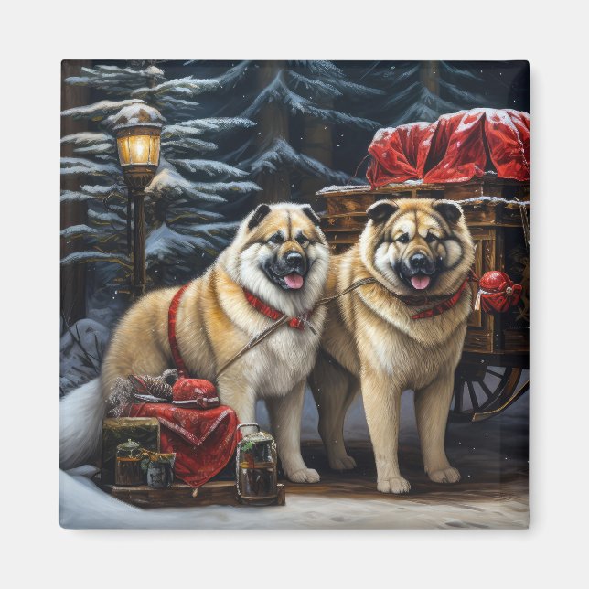 American Akita Snowy Sleigh Ride Juldekretet Magnet (Framsidan)