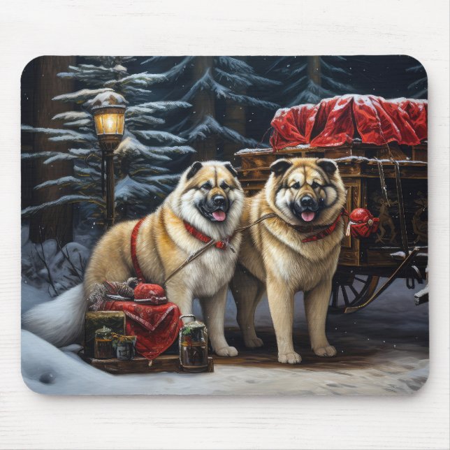 American Akita Snowy Sleigh Ride Juldekretet Musmatta (Framsidan)