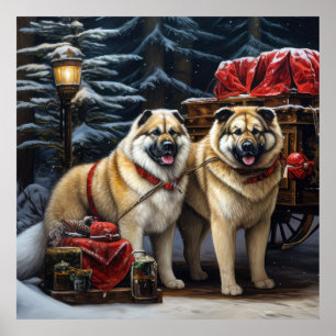 American Akita Snowy Sleigh Ride Juldekretet Poster