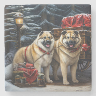 American Akita Snowy Sleigh Ride Juldekretet Stenunderlägg