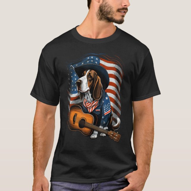 American Basset Hound Guitar USA County Music T Shirt (Framsida)