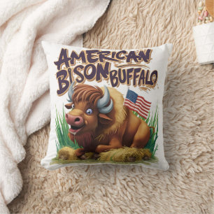 American Bison Buffalo med amerikansk Flagga Kudde