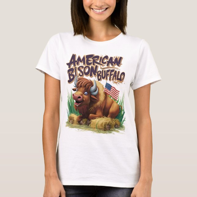 American Bison Buffalo med amerikansk Flagga T Shirt (Framsida)