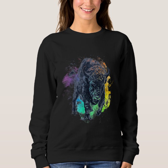 American Bison Buffalo Yellowstone Vatten Färg Wi T Shirt (Framsida)