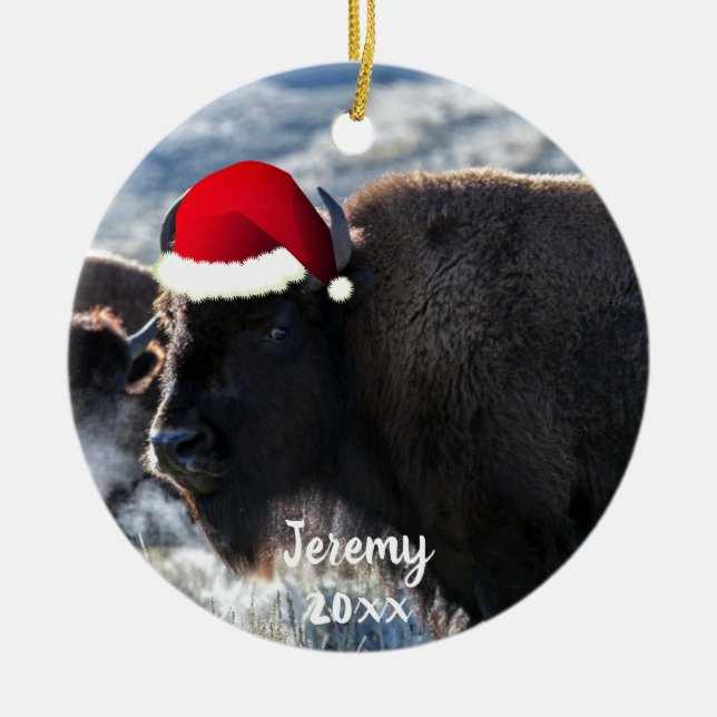 American Bison i Santa Hat  Julgransprydnad Keramik (Framsidan)