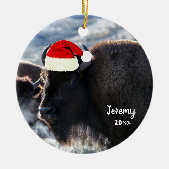 American Bison i Santa Hat Julgransprydnad Keramik (Framsidan)