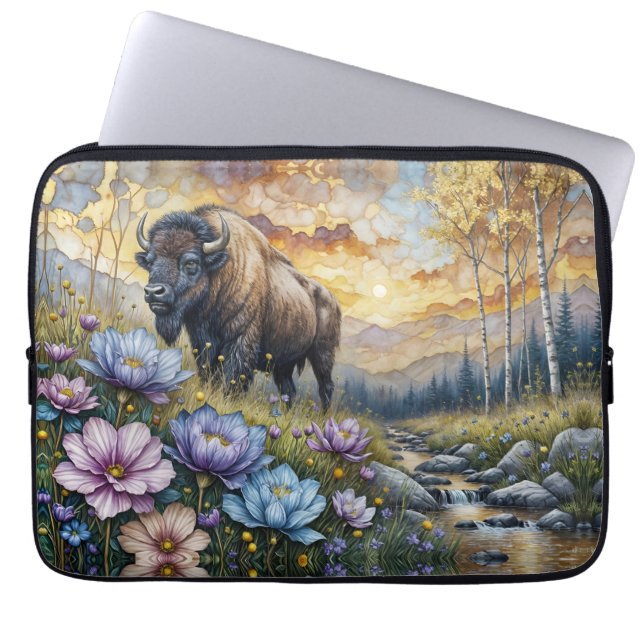 American Bison in floral mountain valley Laptop Fodral (Framsidan)
