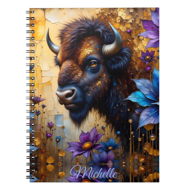 American Bison in textured Flower *Personalize* Anteckningsbok (Framsidan)