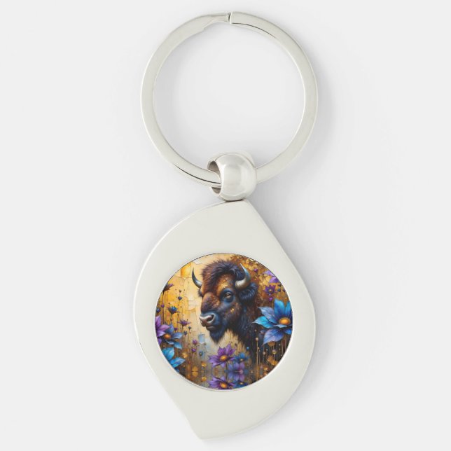 American Bison in textured Flower portrait Swirl Silverfärgad Nyckelring (Framsidan)
