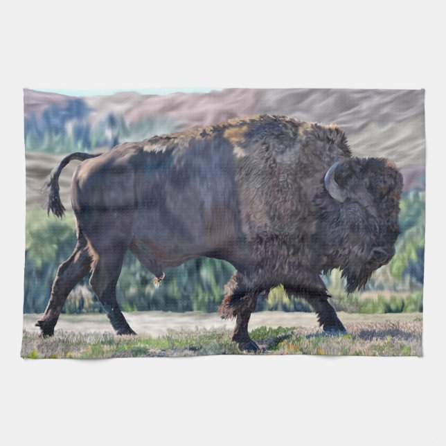 American Bison Roaming in Grassland Setting Kökshandduk (Horisontell)