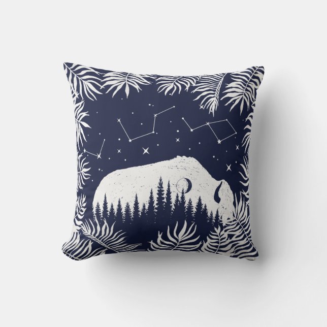 American Bison White Navy Star Galaxy Fern Hunting Kudde (Framsida)