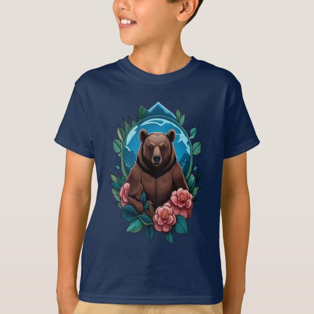 American Black Bear Surroded by Camellia T Shirt (Framsida)