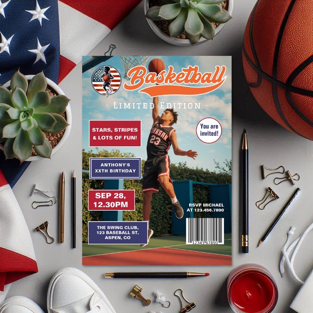 American Boy Basketball Magazine Cover Birthday Inbjudningar (American Boy Basketball Magazine Cover Birthday Invitation)