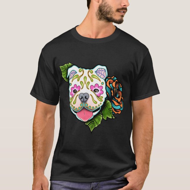 American Bulldog - Day of the dead Sugar Skull Hun T Shirt (Framsida)