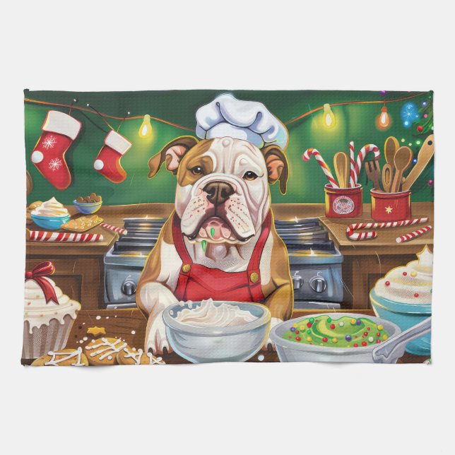 American Bulldog Helgdag Baking: Festive God jul Kökshandduk (Horisontell)