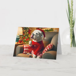 American Bulldog med ett Candy cane-kort Helgkort